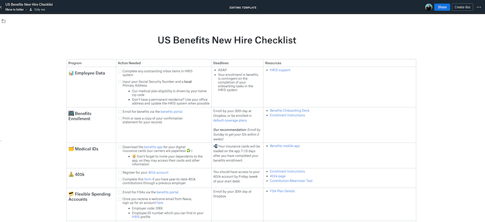 Et skjermbilde som viser fordelssjekklisten i Dropbox Paper