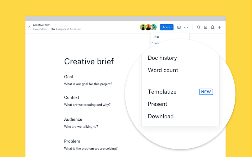 Bruk av Templatize-funksjonen i Dropbox Paper.