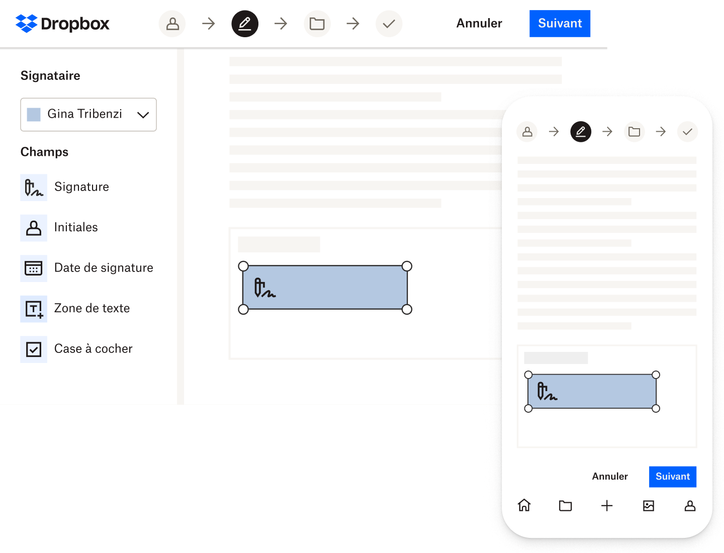 Personne signant un document dans Dropbox Sign à l’aide de l’application de bureau et mobile