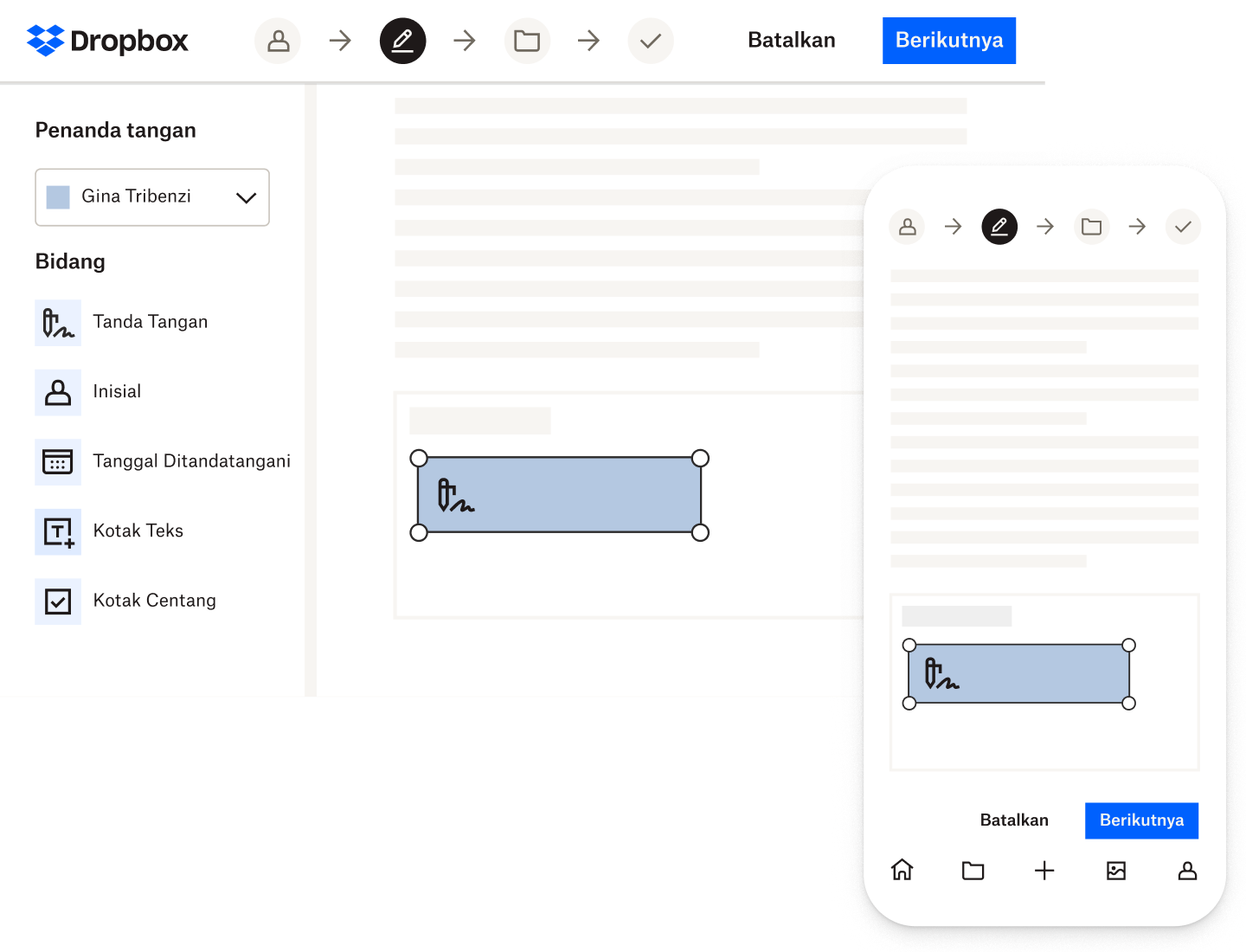 Seseorang menandatangani dokumen di Dropbox Sign dengan aplikasi desktop dan seluler.