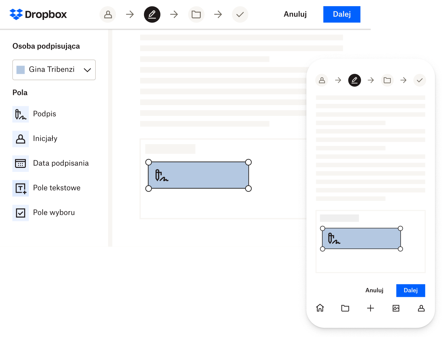 Ktoś podpisuje dokument w Dropbox Sign za pomocą aplikacji komputerowej i mobilnej.