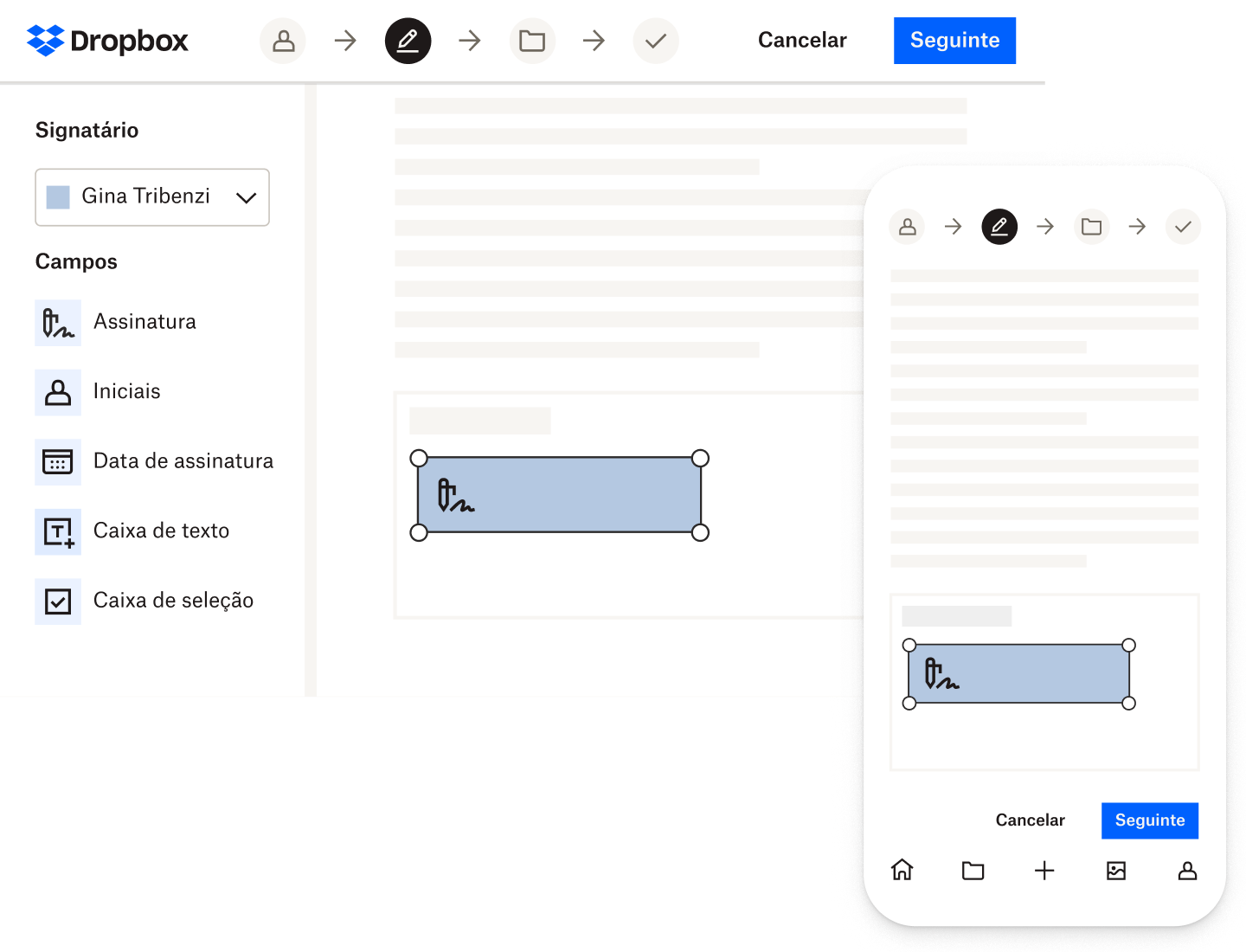 Alguém assinando um documento no Dropbox Sign com o desktop e o aplicativo móvel.