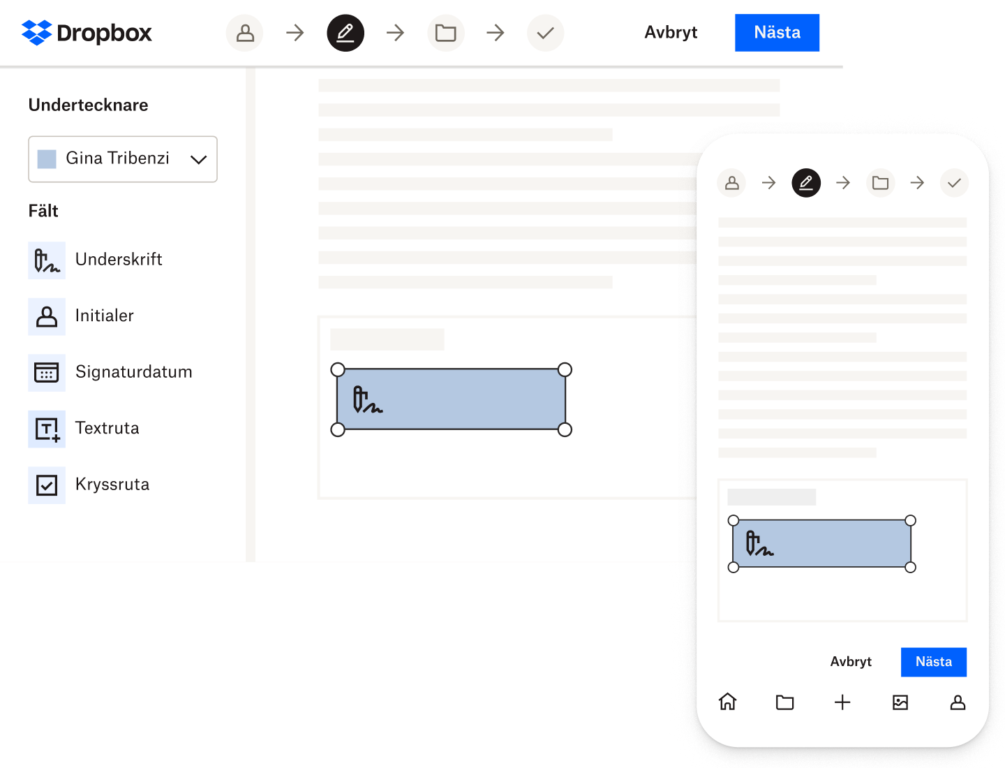 Någon signerar ett dokument i Dropbox Signera med dator- och mobilappen.