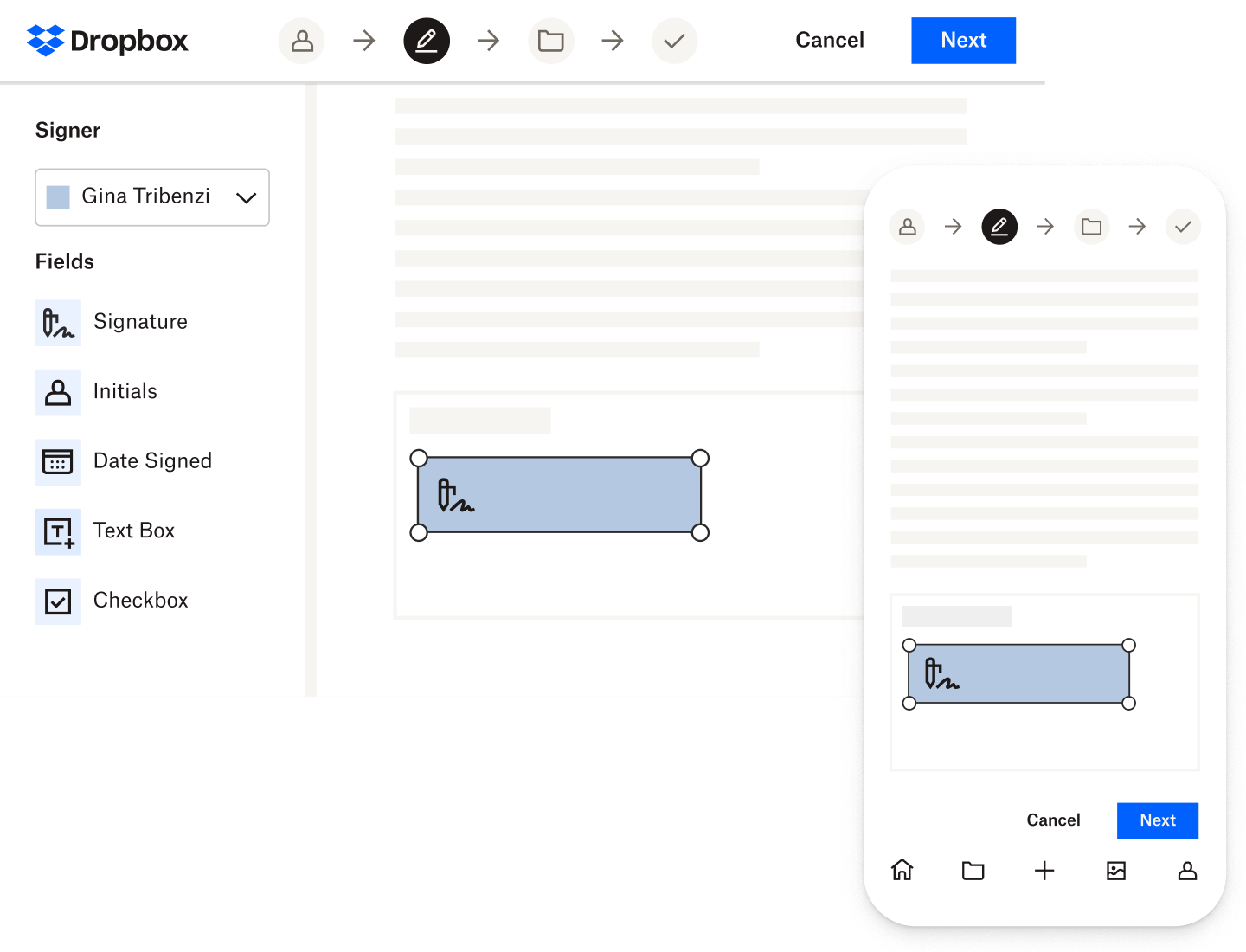 Someone signs a document in Dropbox Sign with the desktop and mobile app.