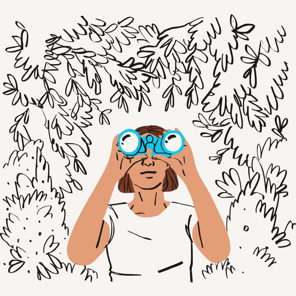 Image features drawing of woman looking through binoculars with a background of leaves.