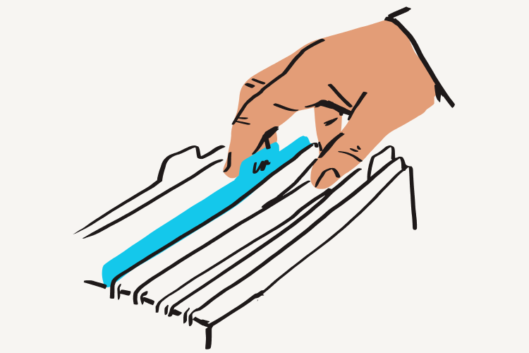 An illustration of a hand reaching for a blue document in a portfolio of files.