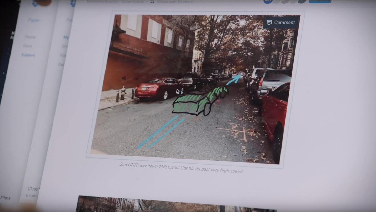 A film storyboard of a car sequence in Dropbox Paper.