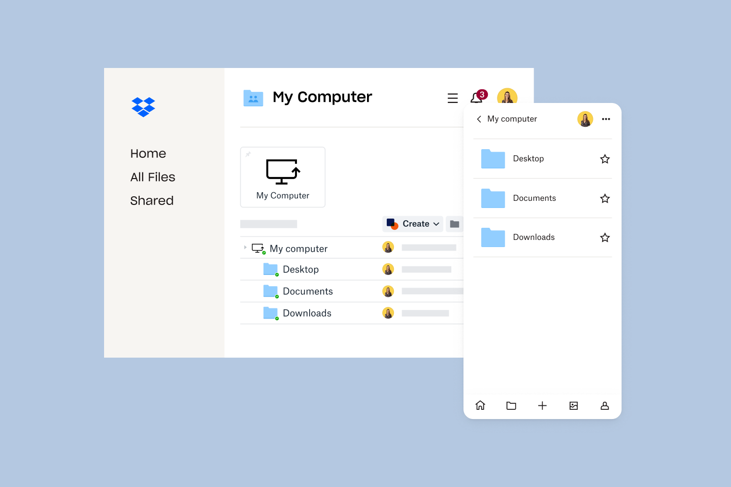 A Dropbox Backup account space with folders for Desktop, Documents, and Downloads.