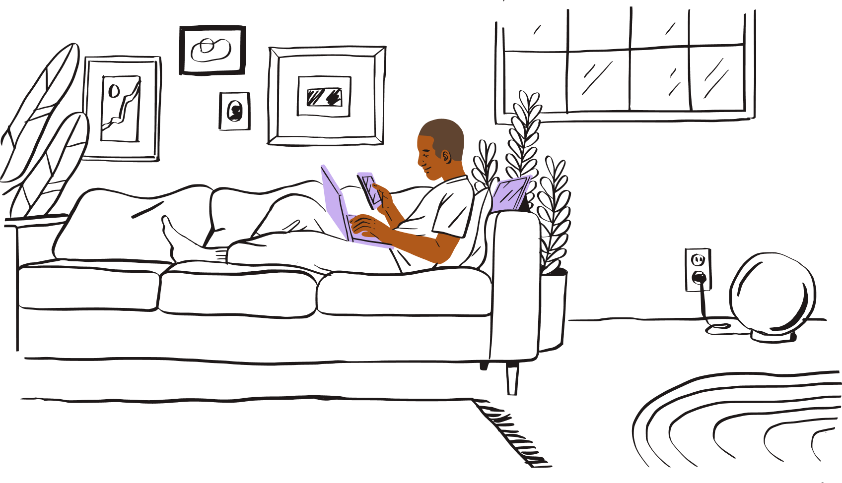 Illustrazione di una persona che utilizza più dispositivi a casa, sul divano.
