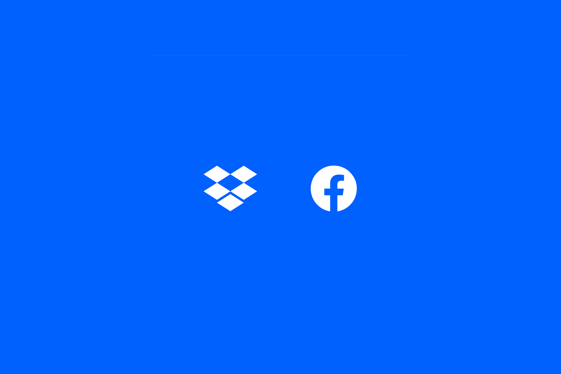 Hvide Facebook- og Dropbox-logoer på blå baggrund.