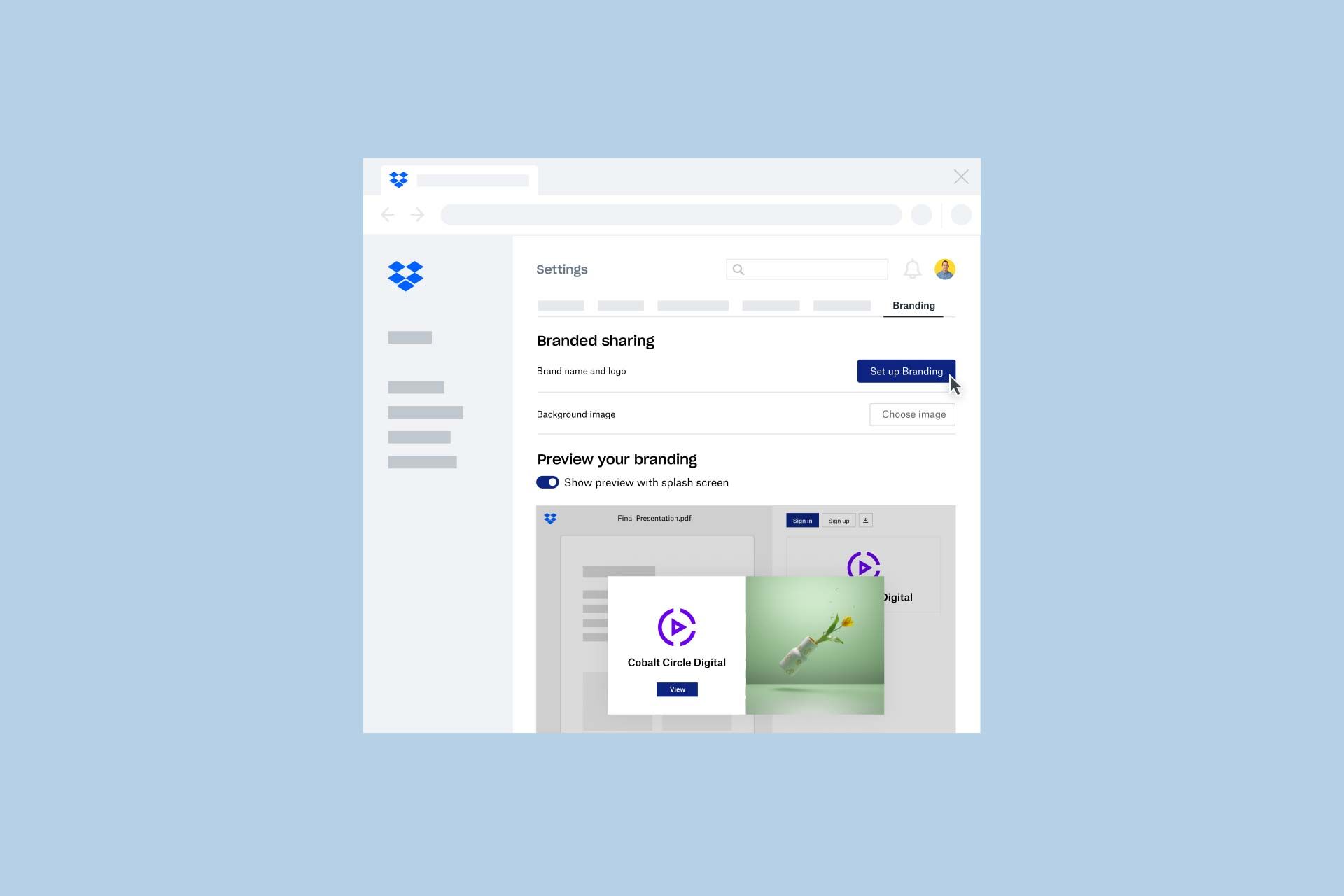 Branded sharing of large files in Dropbox.