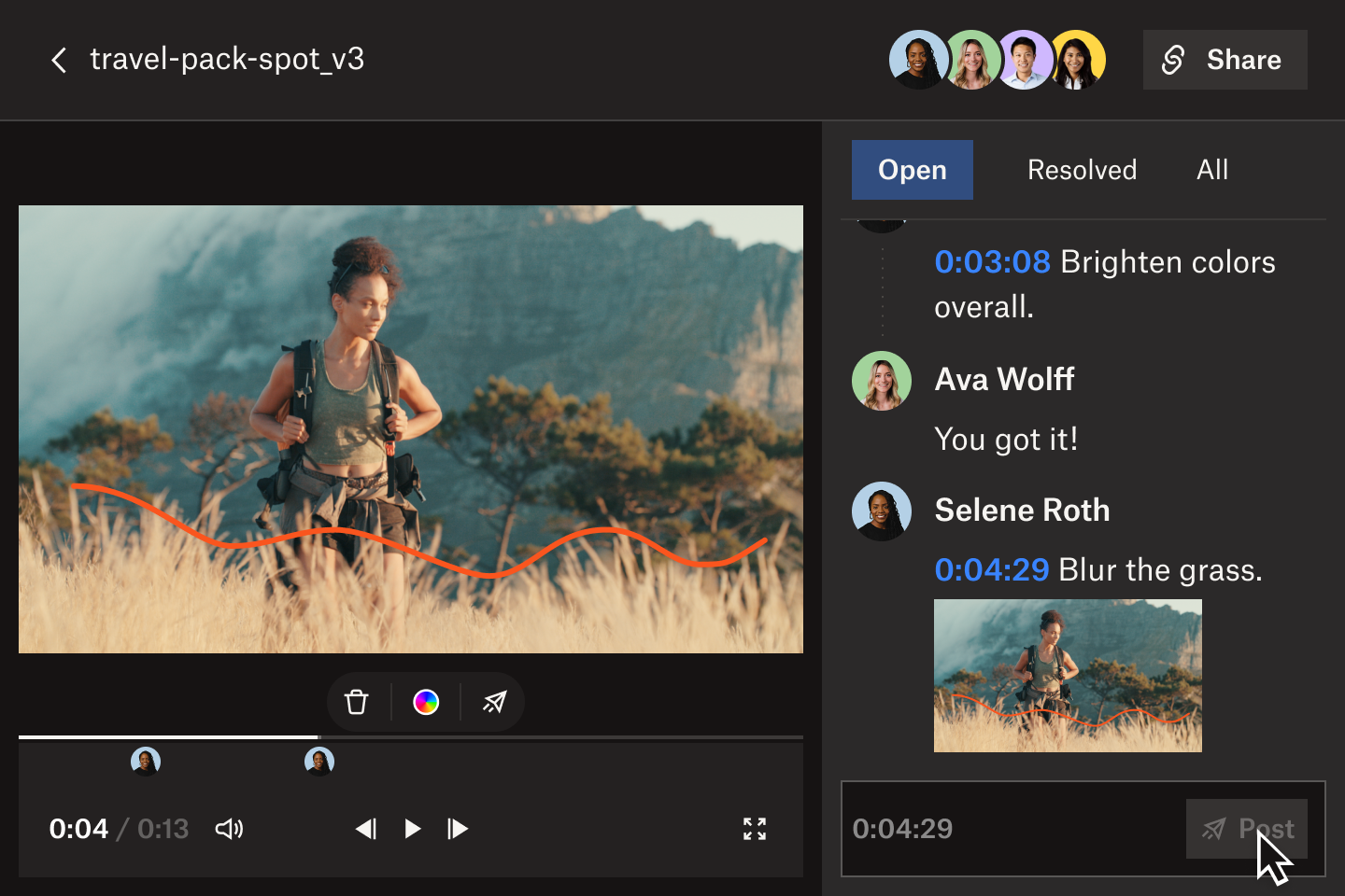 Collaborative video review interface showing a paused frame of a woman hiking, with a comment requesting to blur the grass.