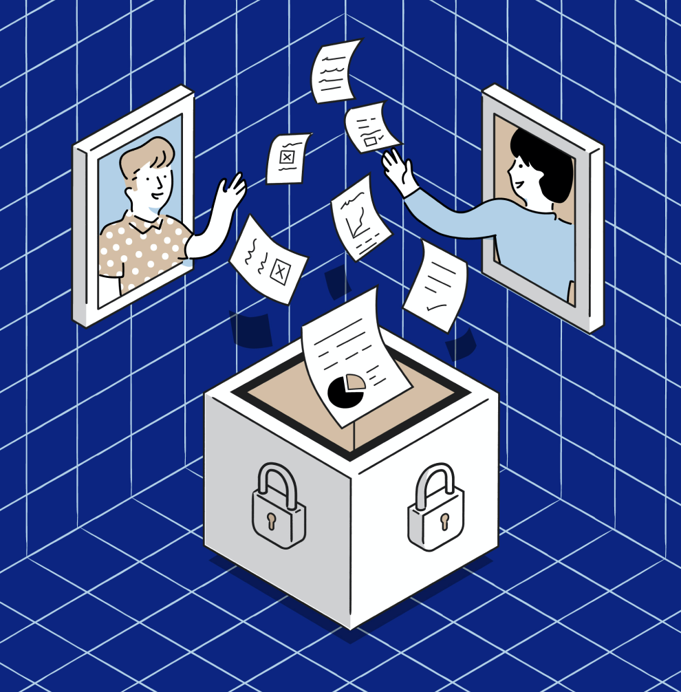 An illustration of two people securely sharing files in their cloud storage.
