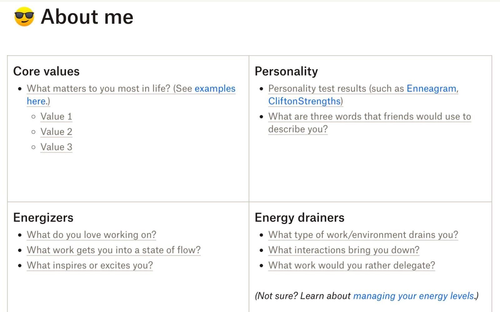 About me page with table from the ‘working with me’ worksheet.
