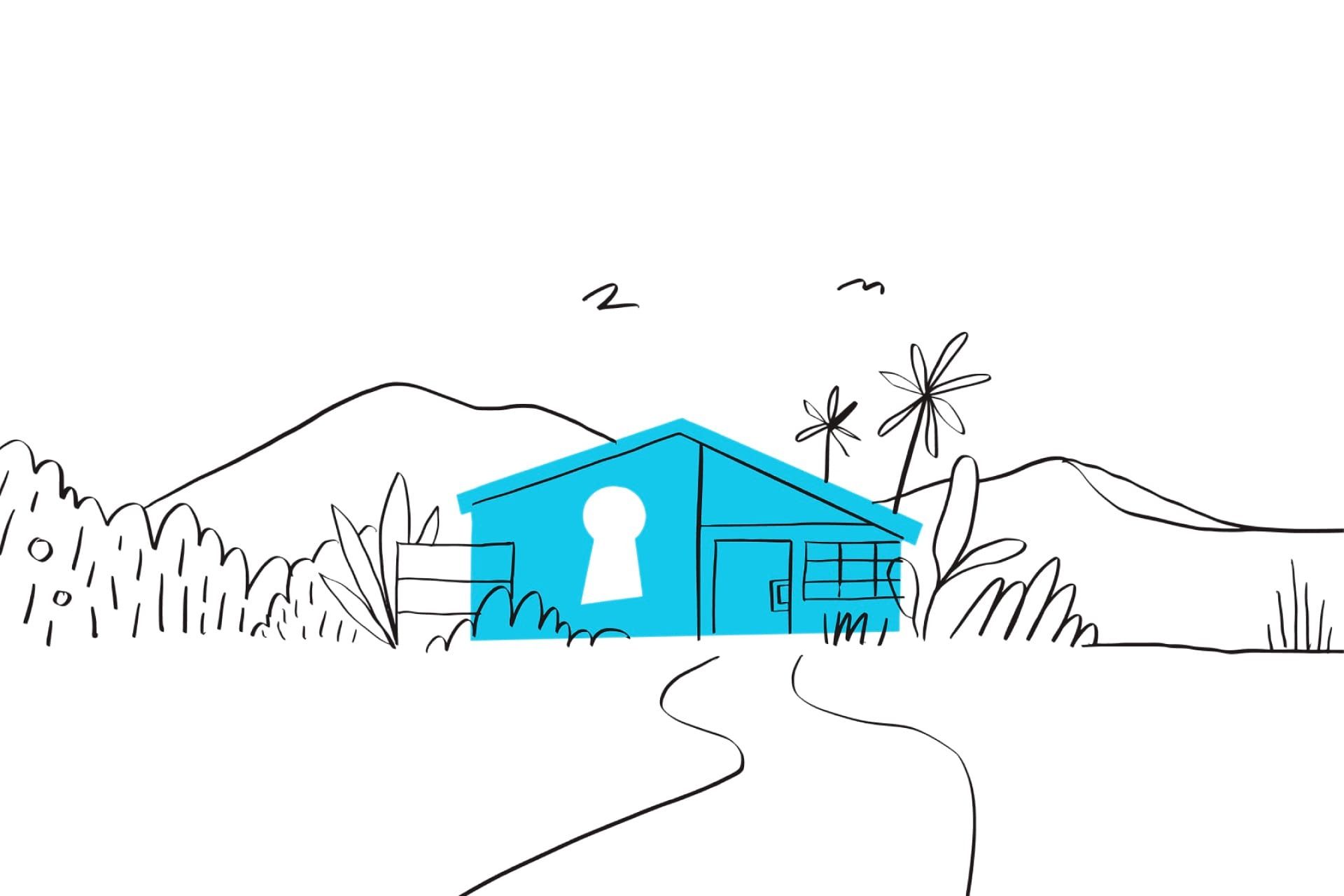 Illustration of a house with a keyhole symbol, representing data security, privacy, and compliance for businesses.