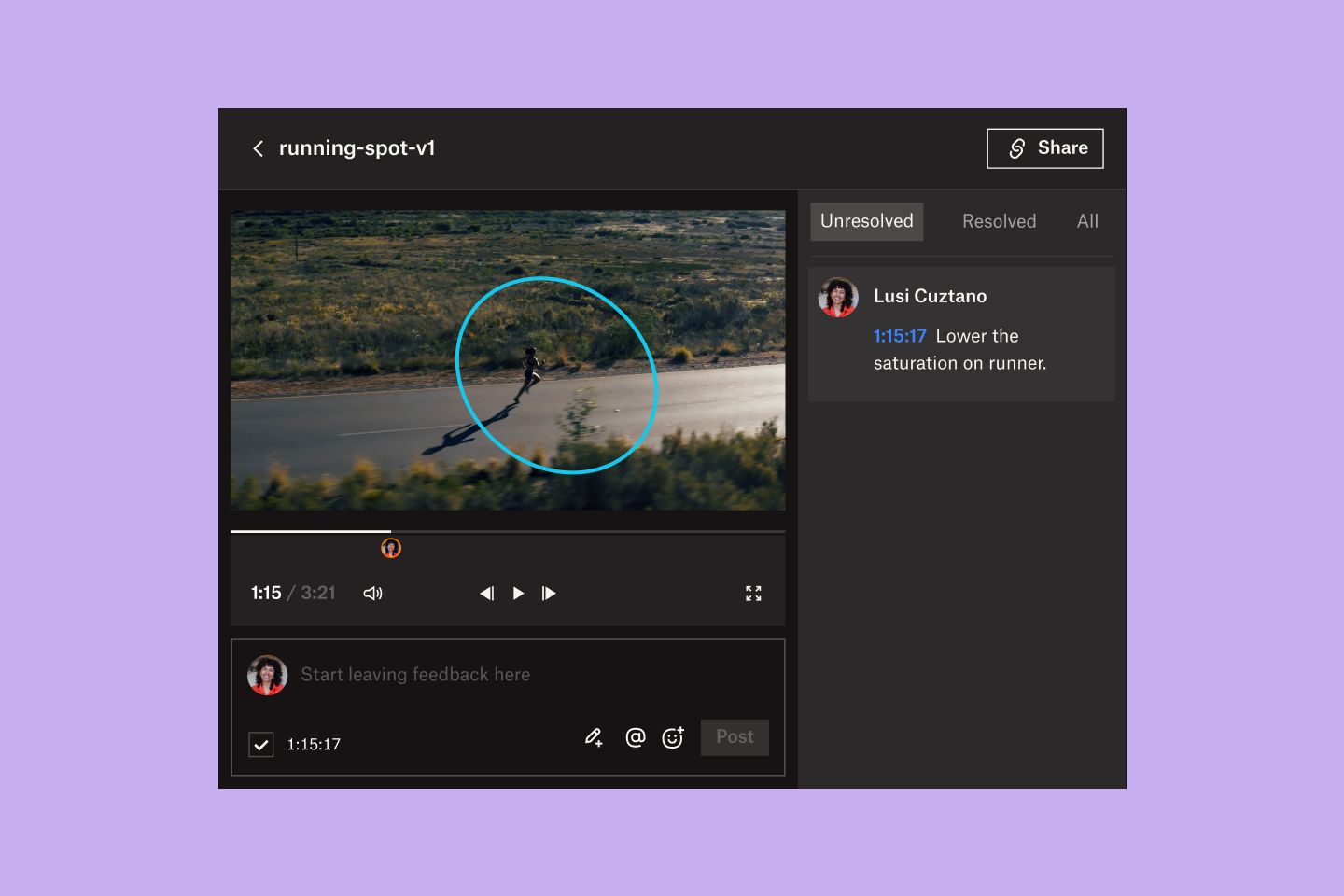 Dropbox Replay UI showing someone annotating a video by circling an area on it and adding a time-stamped comment.
