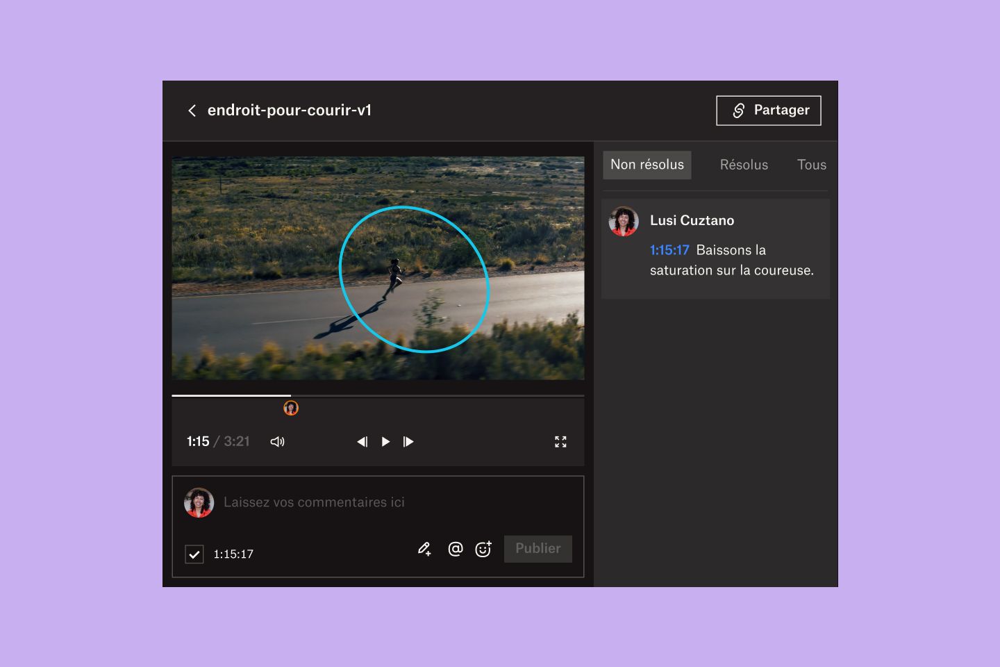 Interface utilisateur de Dropbox Replay montrant une personne qui annote une vidéo. Elle encercle une section de la vidéo et y ajoute un commentaire temporel.