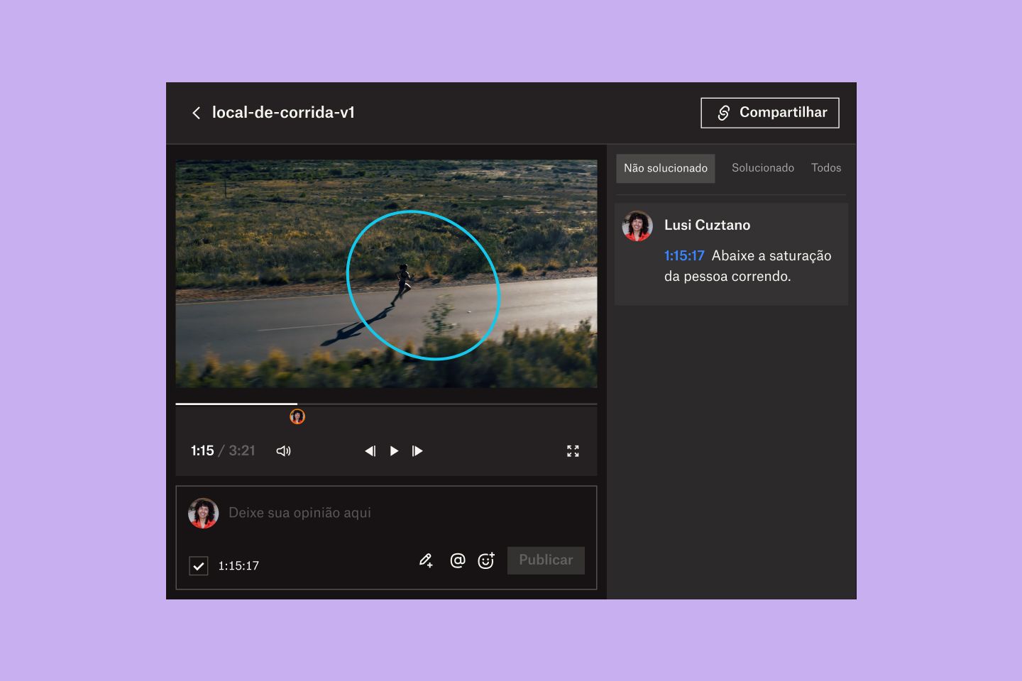 Interface do Dropbox Replay mostrando alguém circulando uma área em um vídeo e adicionando um comentário com carimbo de data e hora.