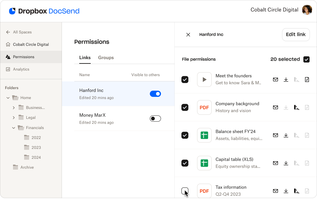 A Docsend permission sharing interface