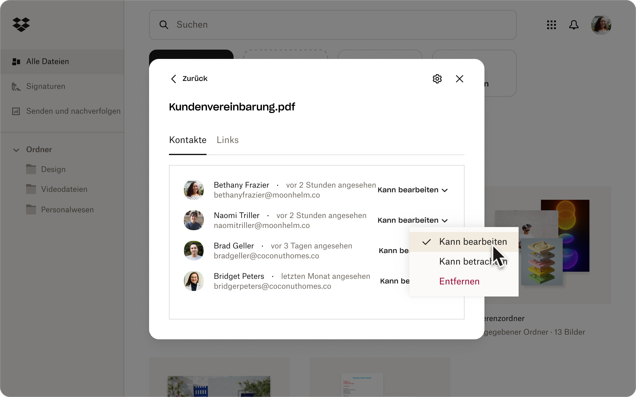 Darstellung der Benutzeroberfläche von Dropbox mit den für Teams verfügbaren Steuerelementen für die Dateifreigabe.
