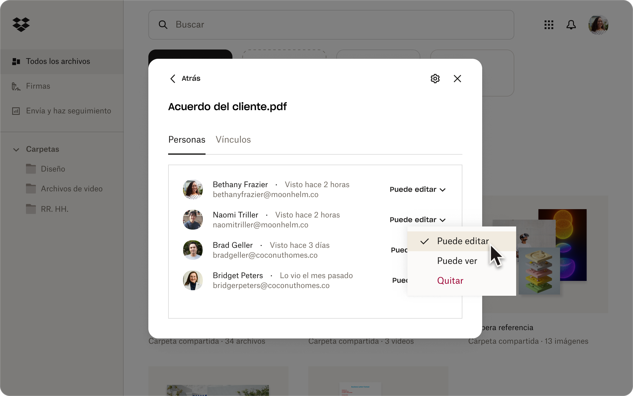 Una captura de pantalla de la interfaz de usuario de Dropbox muestra los permisos de usuario para un archivo &quot;Acuerdo Cliente.pdf&quot; con un desplegable que selecciona &quot;Puede editar&quot;.