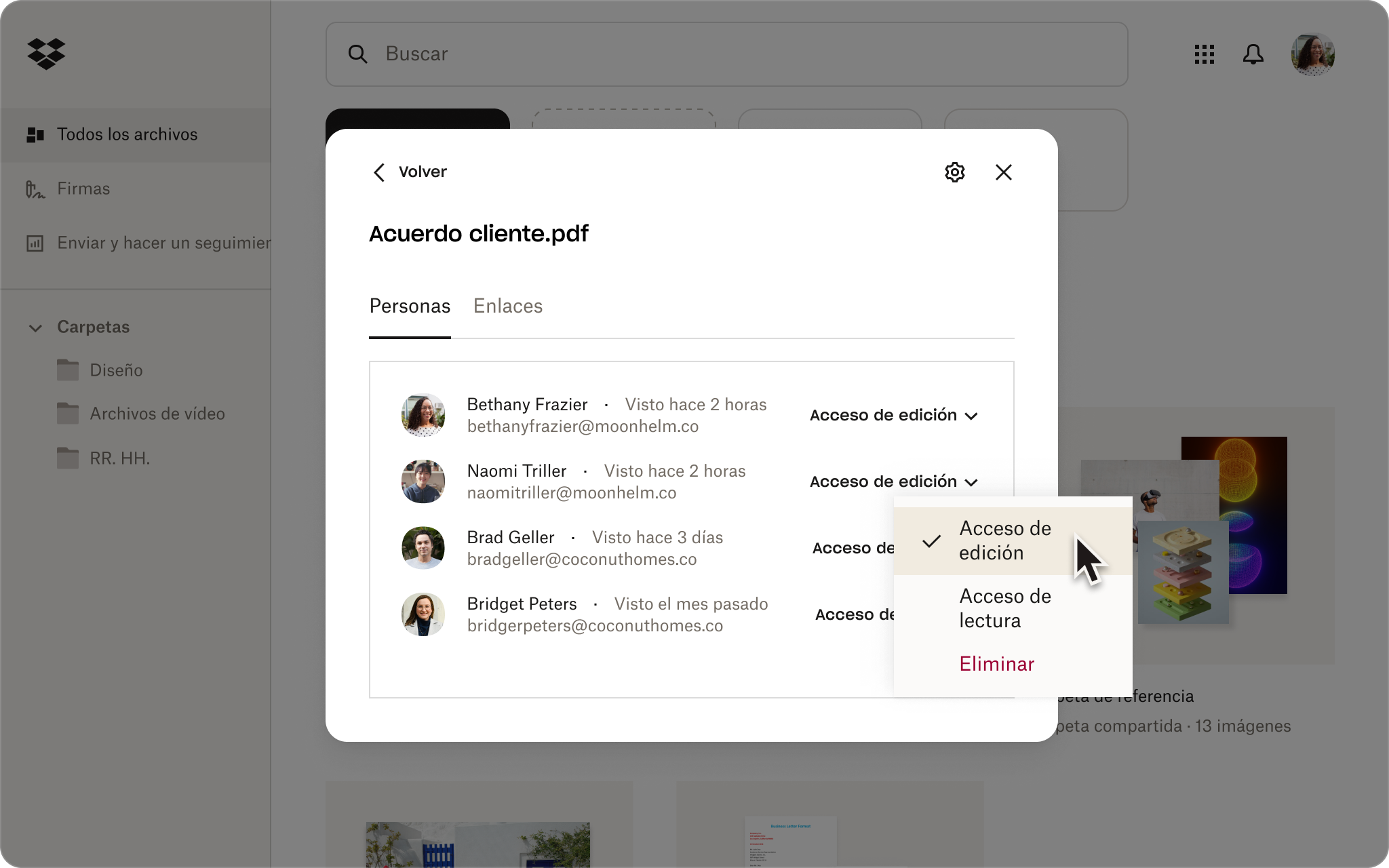 Una captura de pantalla de la interfaz de usuario de Dropbox muestra los permisos de usuario para un archivo denominado &quot;Acuerdo Cliente.pdf&quot;, con un menú desplegable en el que se selecciona &quot;Puede editar&quot;.