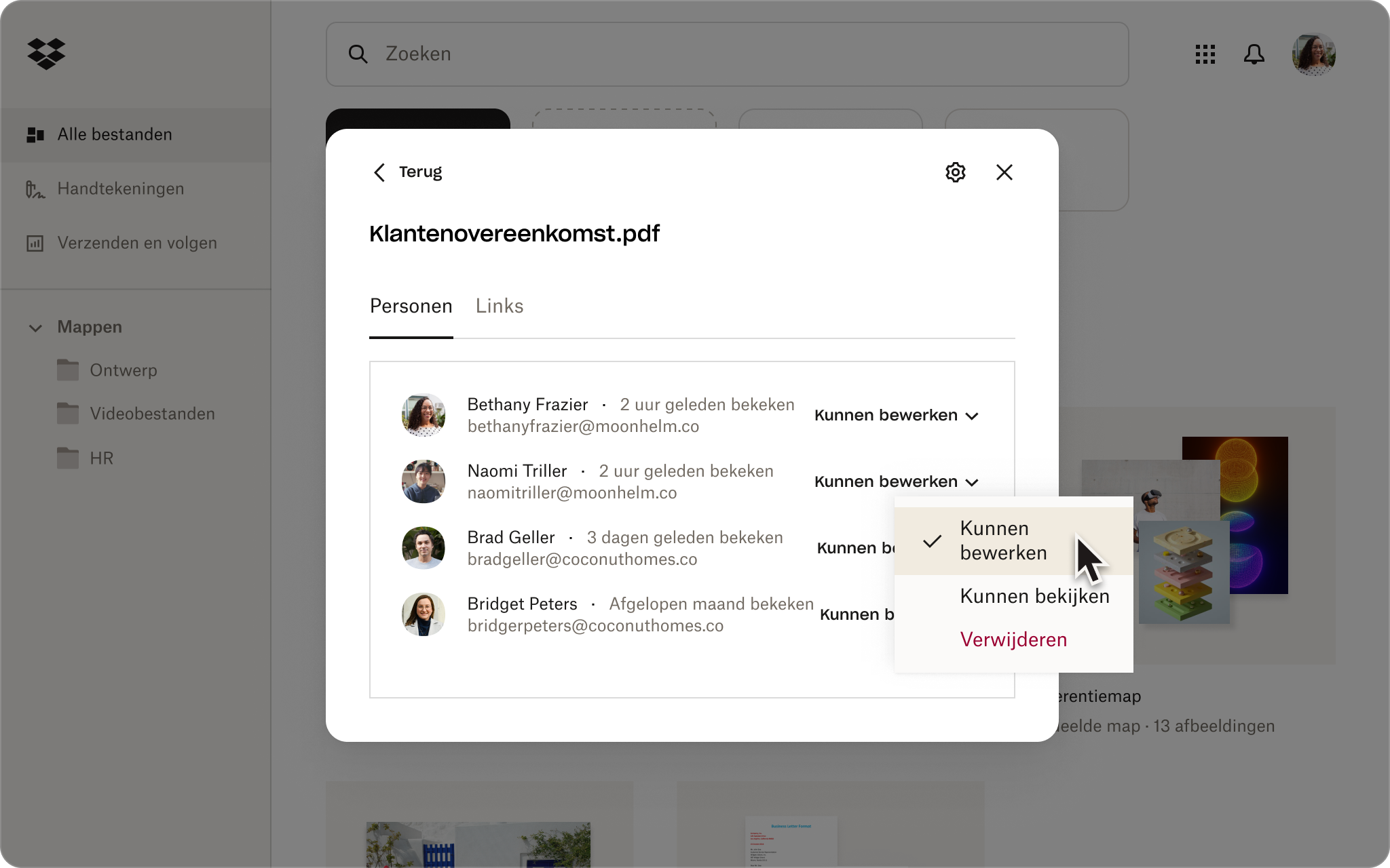 Een screenshot van de Dropbox-gebruikersinterface toont gebruikersmachtigingen voor een 'Client Agreement.pdf' bestand, met een dropdownmenu met de optie 'Kan bewerken'.