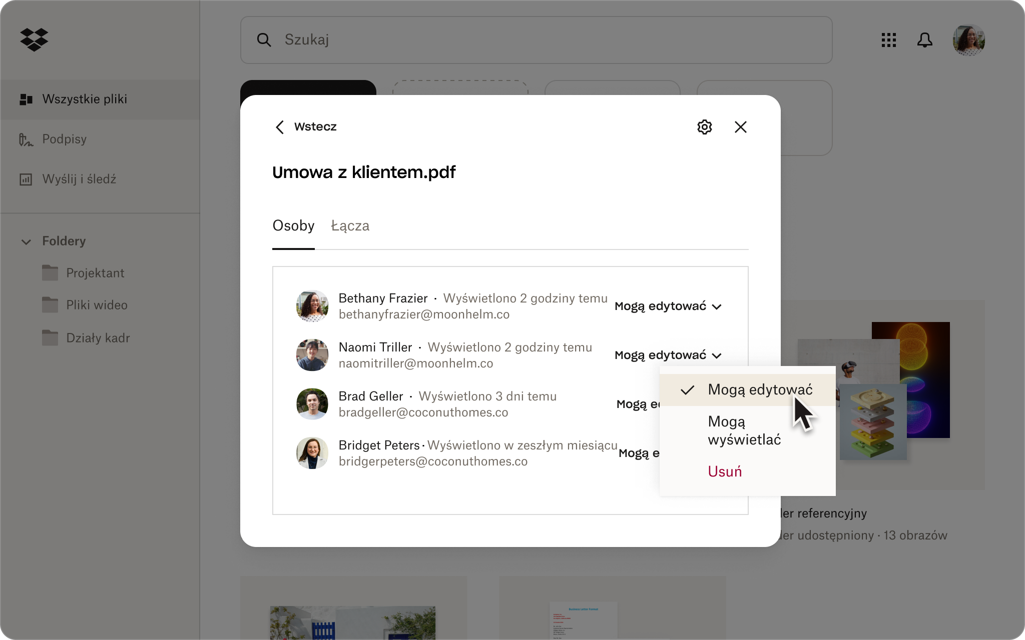Zrzut ekranu interfejsu użytkownika Dropbox pokazuje uprawnienia użytkownika do pliku „Umowa z klientem.pdf” plik z rozwijaną listą, wybierając „Można edytować”.