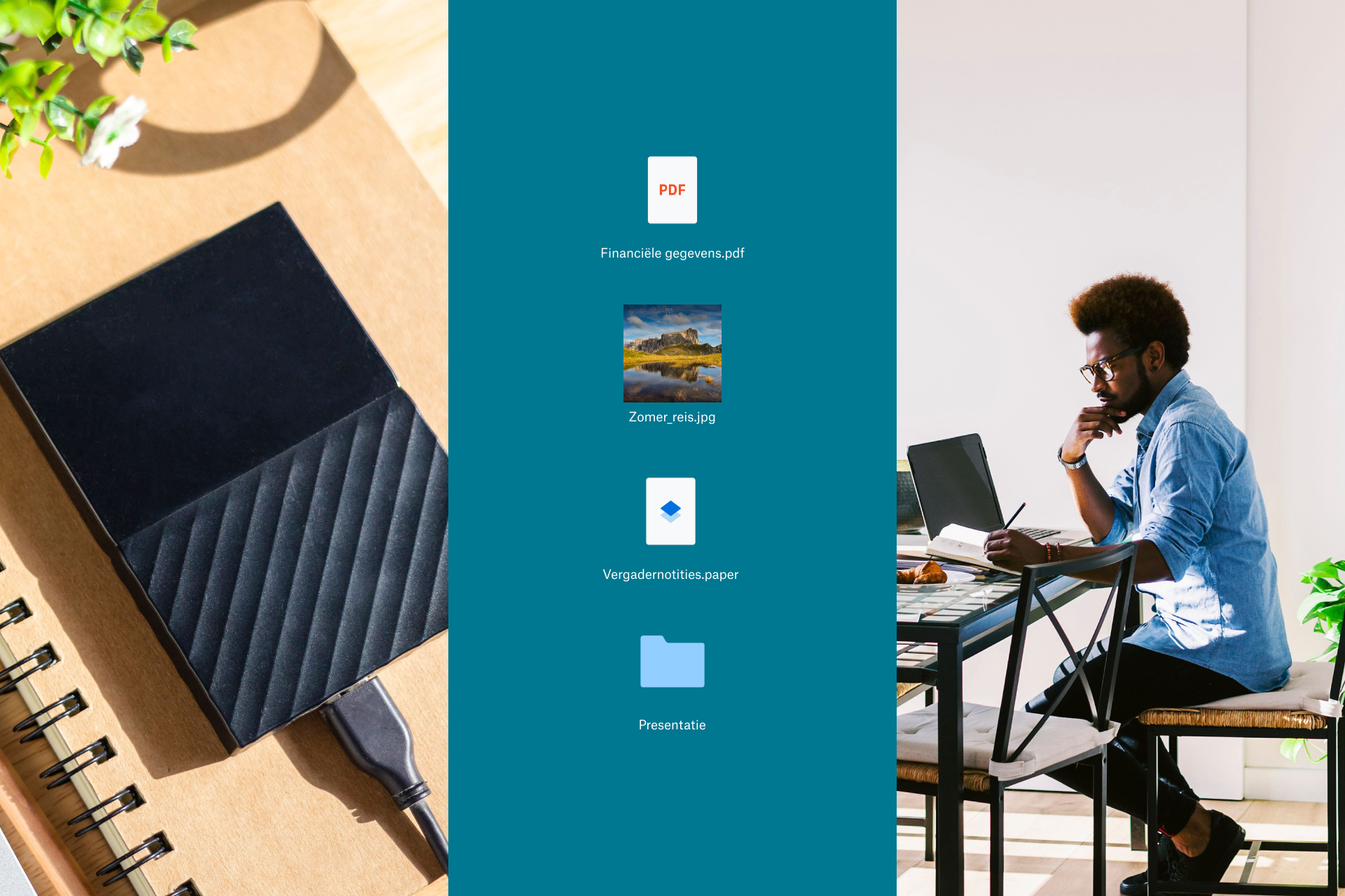 Externe harde schijf op een bureau, naast een pictogram van een bestand en een persoon die op een laptop werkt, ter illustratie van de opties voor gegevensopslag.