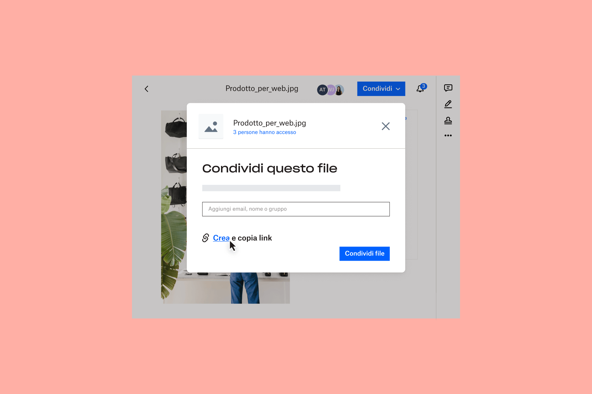 Una visualizzazione delle funzionalità di condivisione file disponibili con lo spazio di archiviazione cloud di Dropbox.