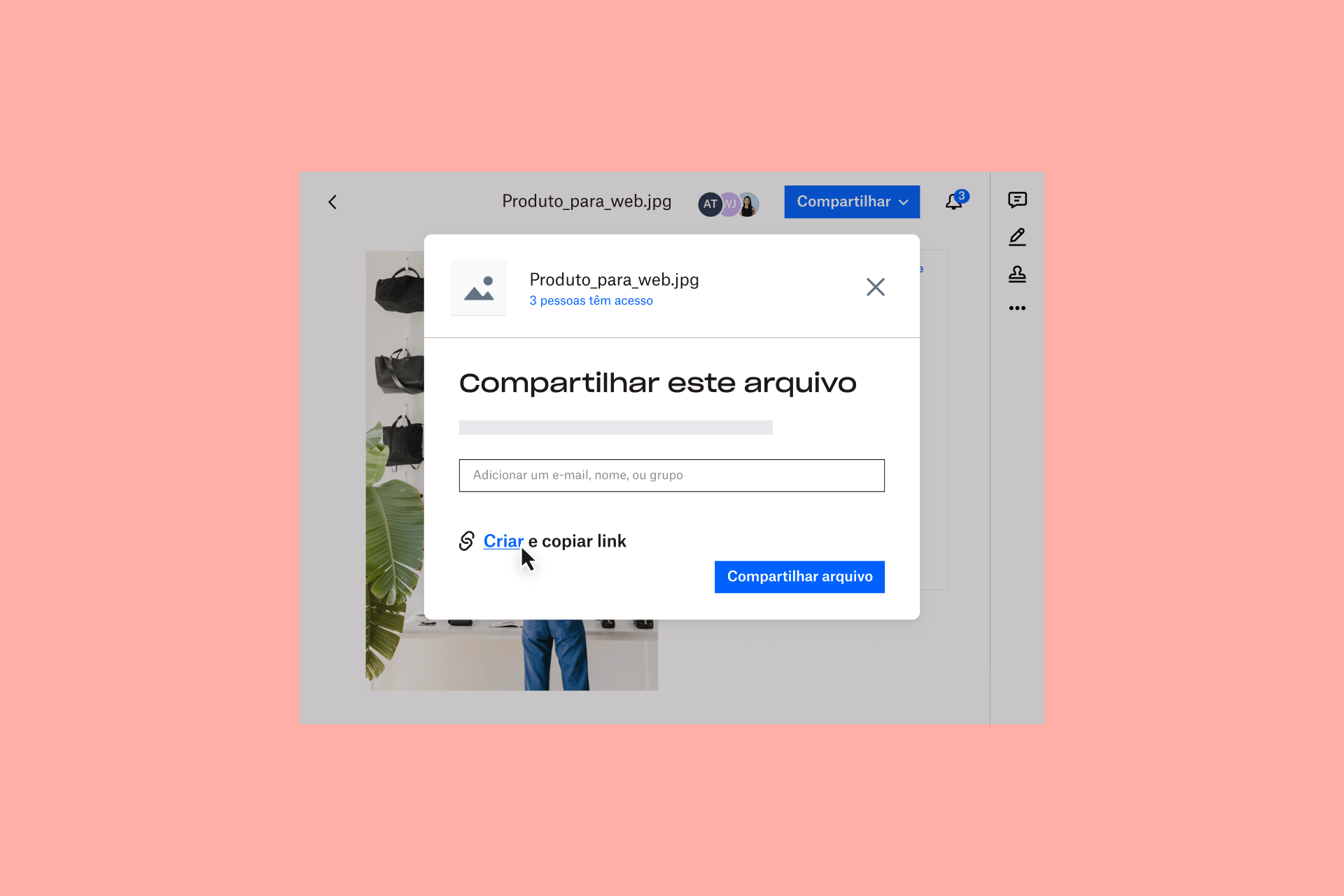 Uma visualização dos recursos de compartilhamento de arquivos disponíveis com o armazenamento em nuvem do Dropbox,