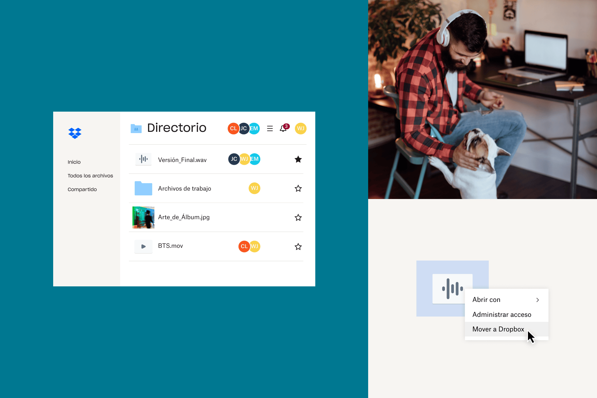 Un productor de música independiente mueve archivos a su almacenamiento en la nube de Dropbox, lo que facilita su uso compartido o transferencia.