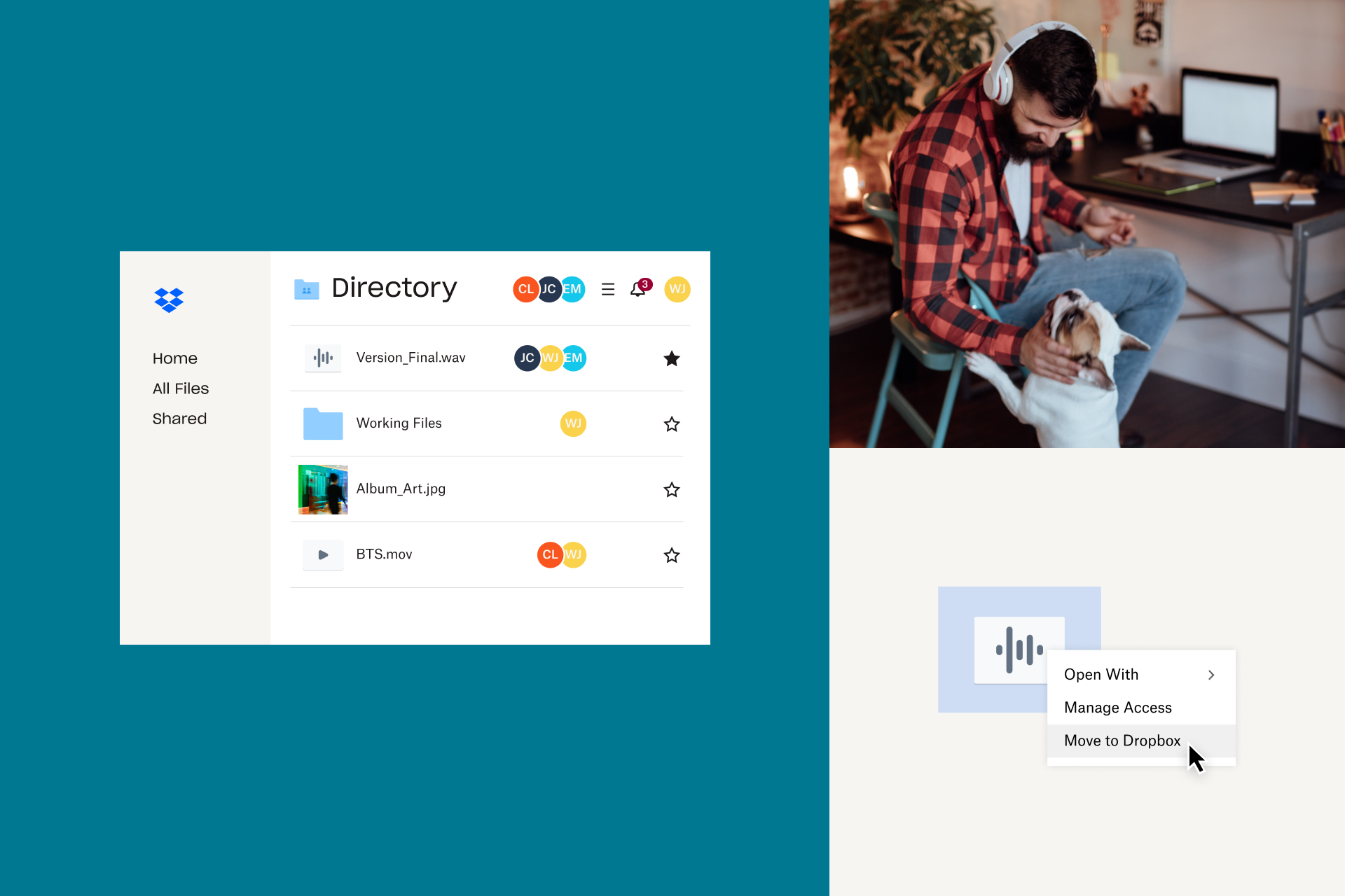 A solopreneur music producer moves files to their Dropbox cloud storage, making them easy to share or transfer.