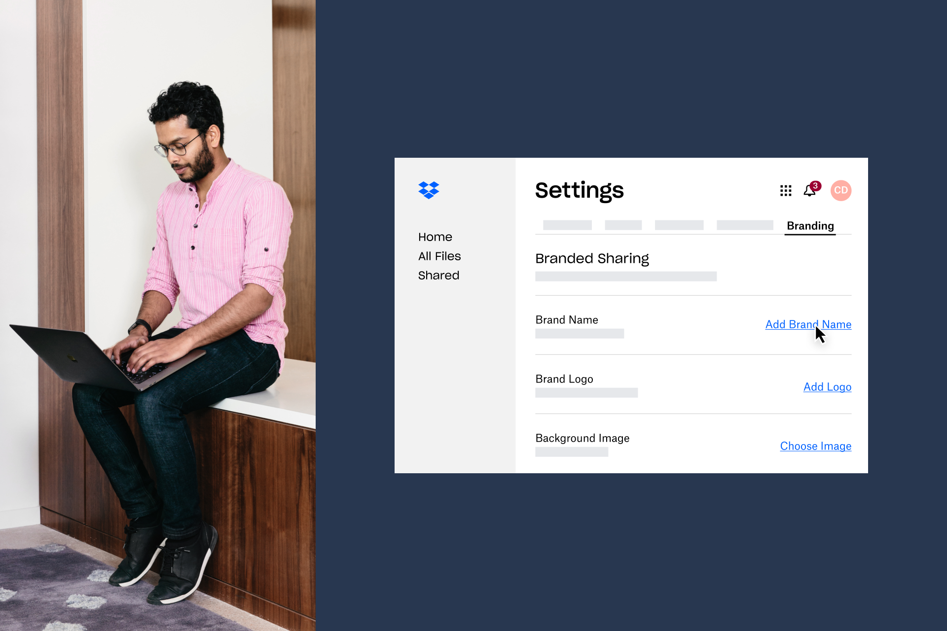 A solopreneur using Dropbox branded sharing settings to personalize their file sharing.
