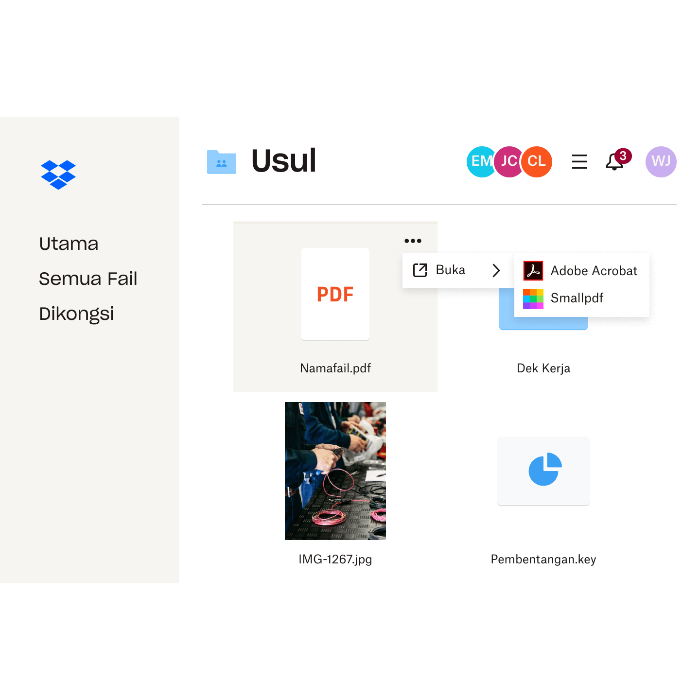 Tangkapan skrin UI Dropbox, menunjukkan cara anda boleh membuka fail dalam Adobe Acrobat terus daripada penyimpanan awan Dropbox anda.