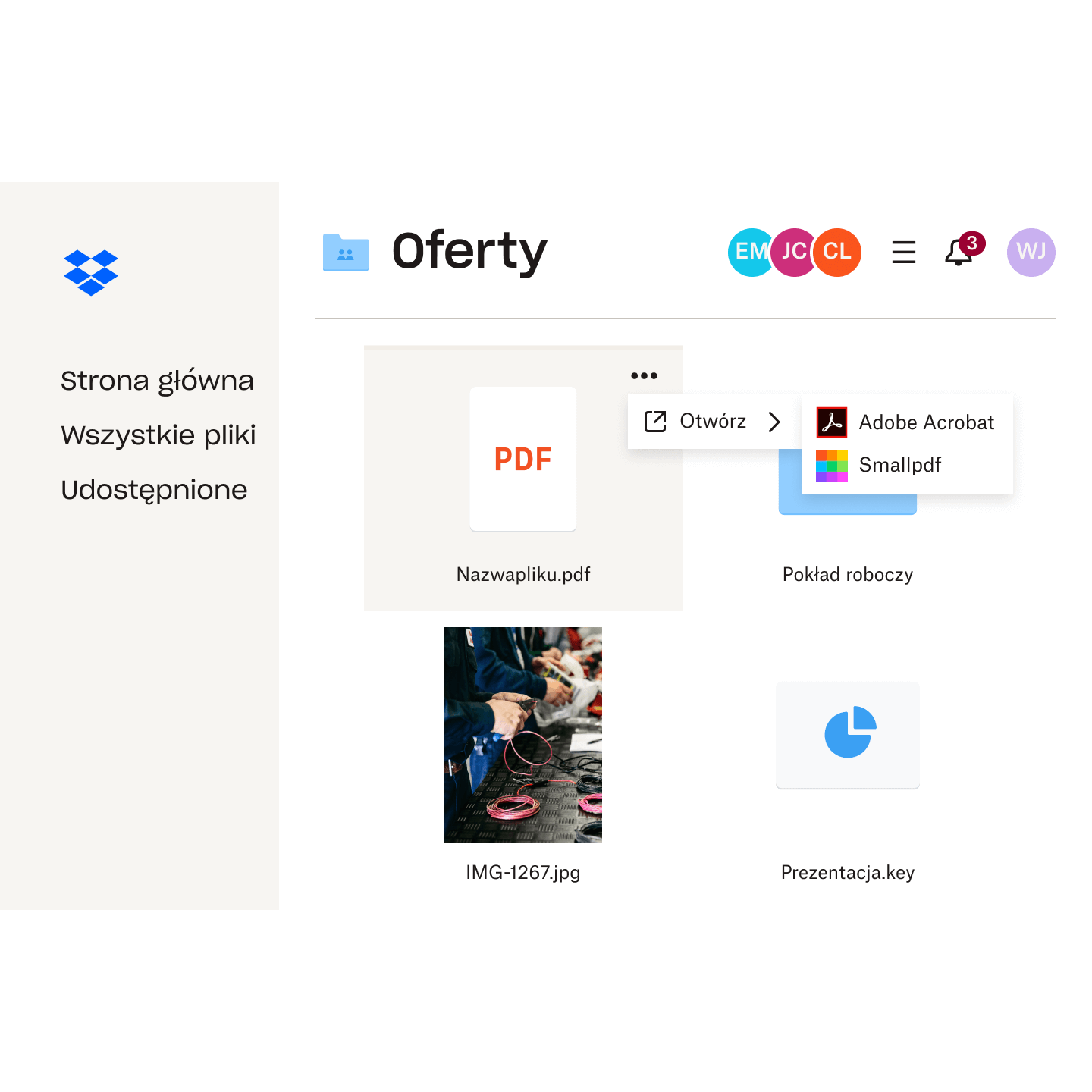 Zrzut ekranu interfejsu użytkownika Dropbox pokazujący, jak można otwierać pliki w Adobe Acrobat bezpośrednio z rozwiązania do przechowywania w chmurze Dropbox.