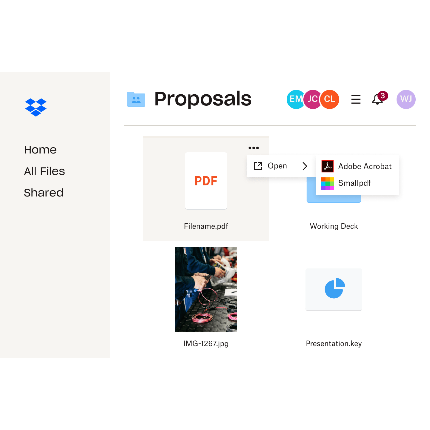 A screenshot of the Dropbox UI, showing how you can open files in Adobe Acrobat directly from your Dropbox cloud storage.