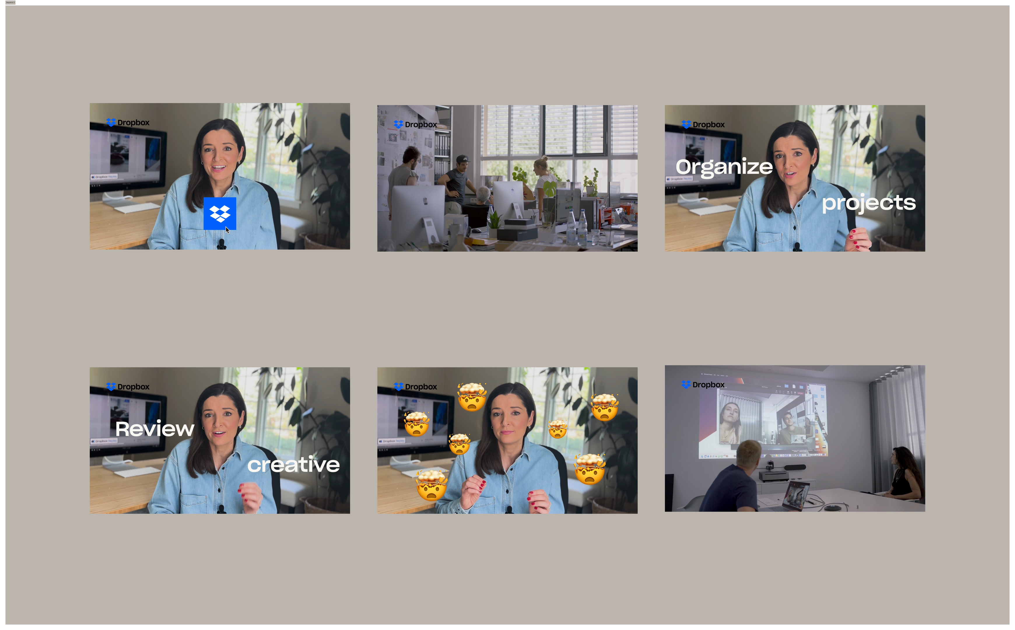 Six panels from a storyboard, showing someone speaking to camera. Text or emojis overlay some of the panels.