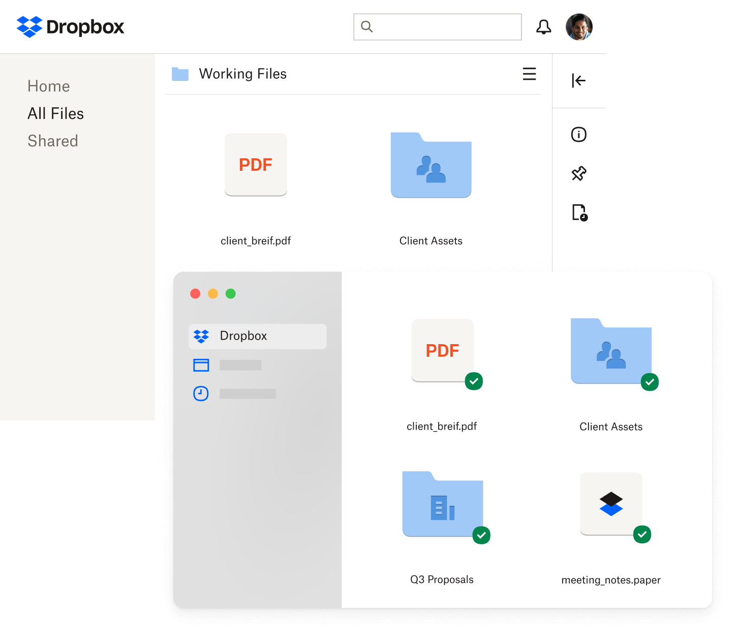 Screenshot of two windows showing a user backing up their files to their Dropbox account, ready to share.
