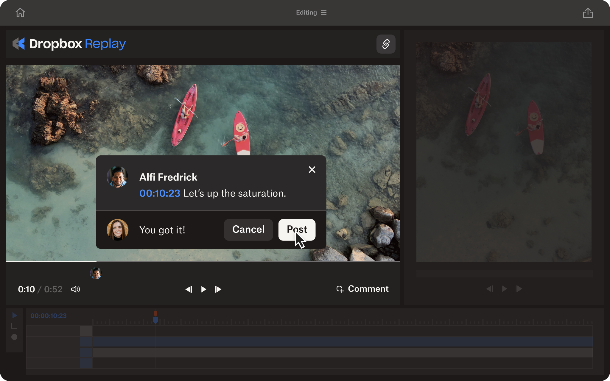 A user replies to frame-accurate feedback on a video in Dropbox Replay.