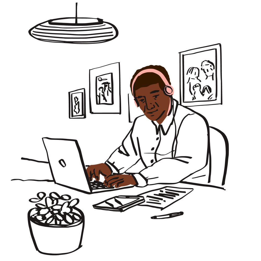 An illustration of a person listening to headphones while working on their laptop at home.