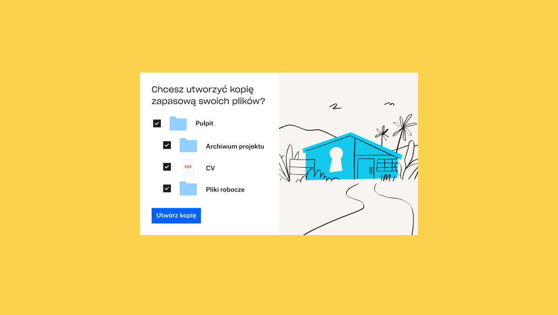 Folder i 3 podfoldery z polami wyboru obok nich w interfejsie użytkownika Dropbox, pod monitem „Chcesz wykonać kopię zapasową swoich plików?”