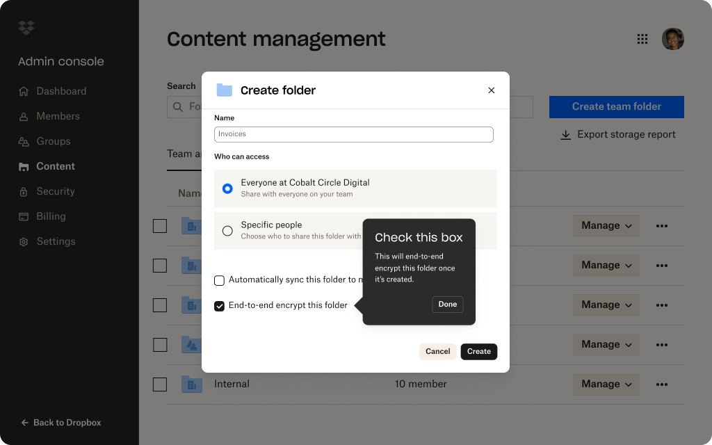 A demonstration of one-click end-to-end encryption of files and folders in a Dropbox account.