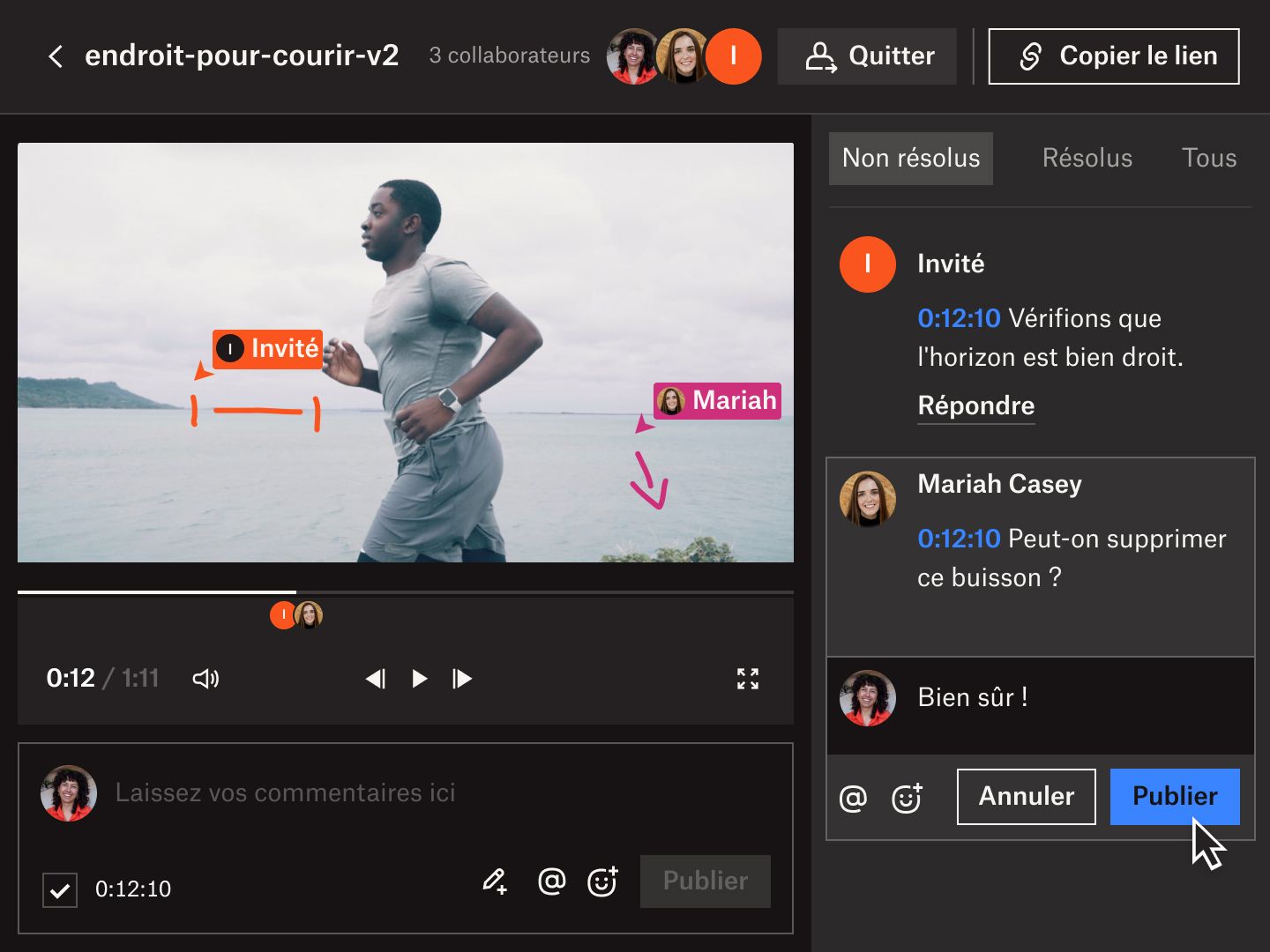 Interface utilisateur Dropbox Replay montrant plusieurs collaborateurs commentant et répondant à des commentaires temporels sur une vidéo.