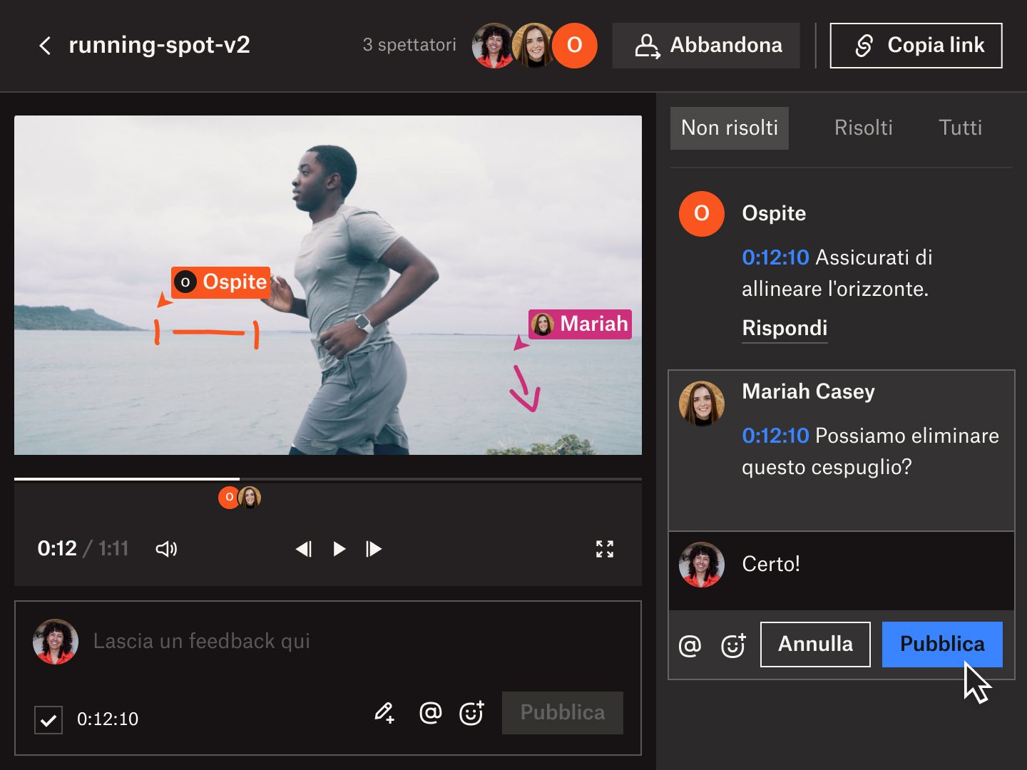 Interfaccia utente di Dropbox Replay che mostra più collaboratori che commentano e rispondono a un feedback con codice di tempo su un video.