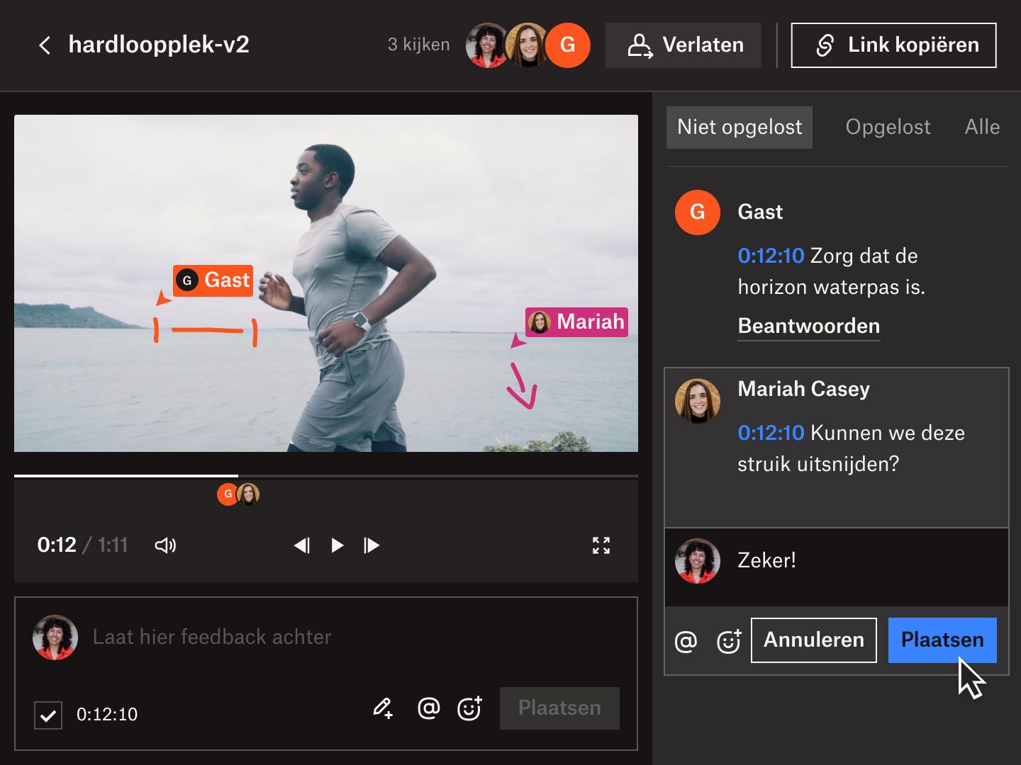 Dropbox Replay-gebruikersinterface waarin meerdere medewerkers opmerkingen kunnen plaatsen en kunnen reageren op feedback met tijdstempel bij een video.