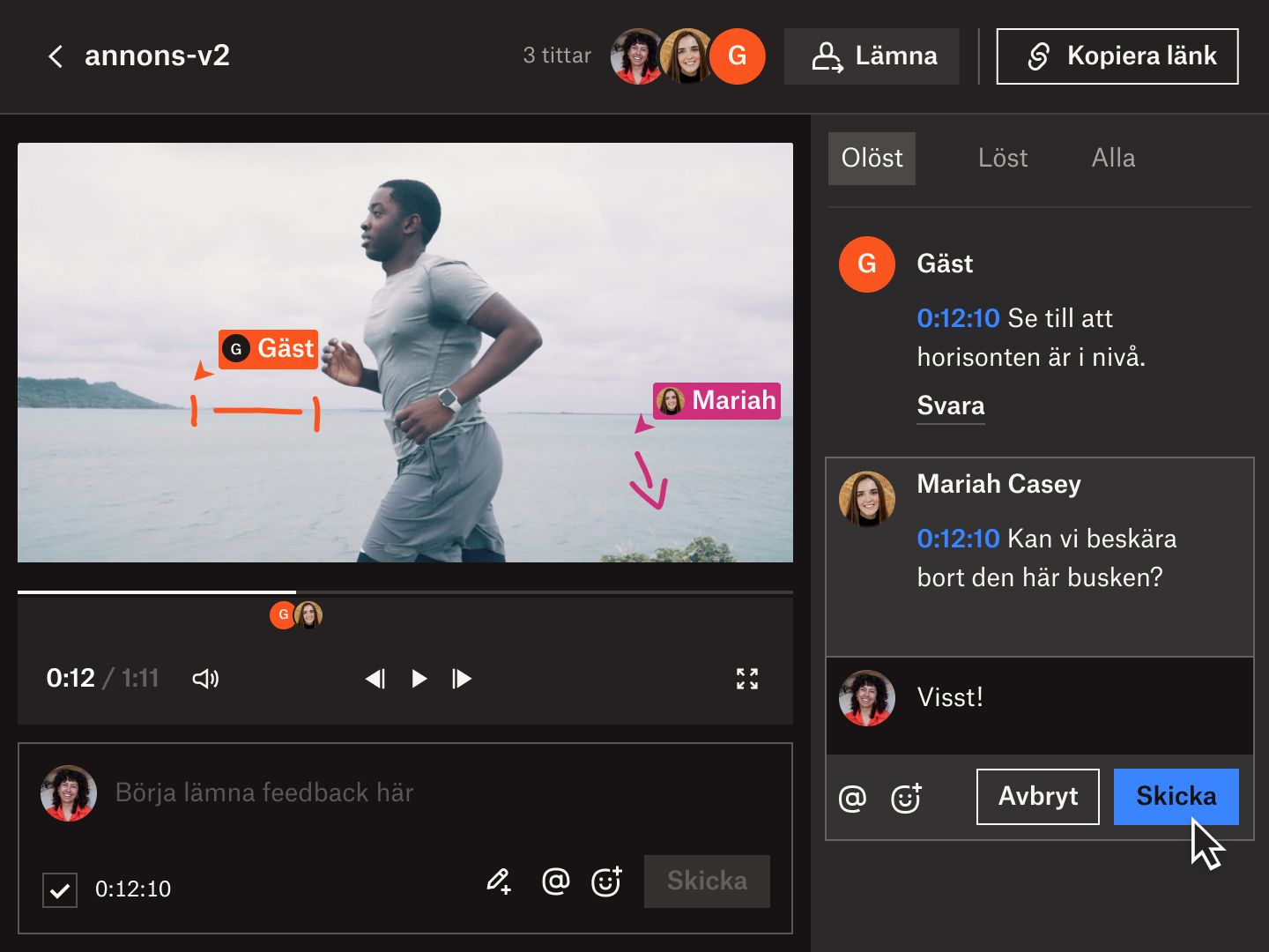 Dropbox Replay-gränssnitt som visar flera samarbetspartners kommenterar och svarar på tidsstämplad feedback på en video.