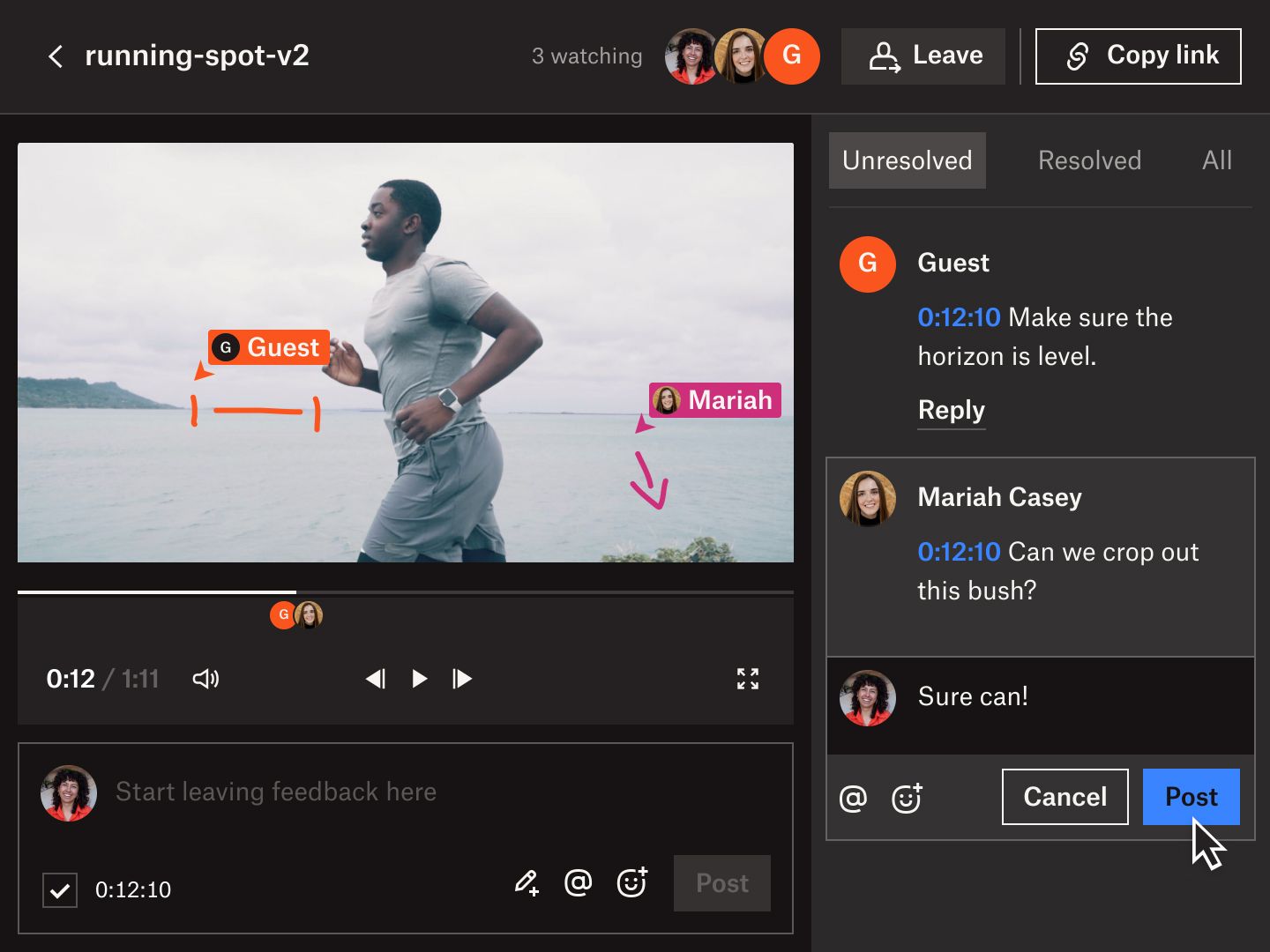 Dropbox Replay UI showing multiple collaborators comment and reply to timestamped feedback on a video.