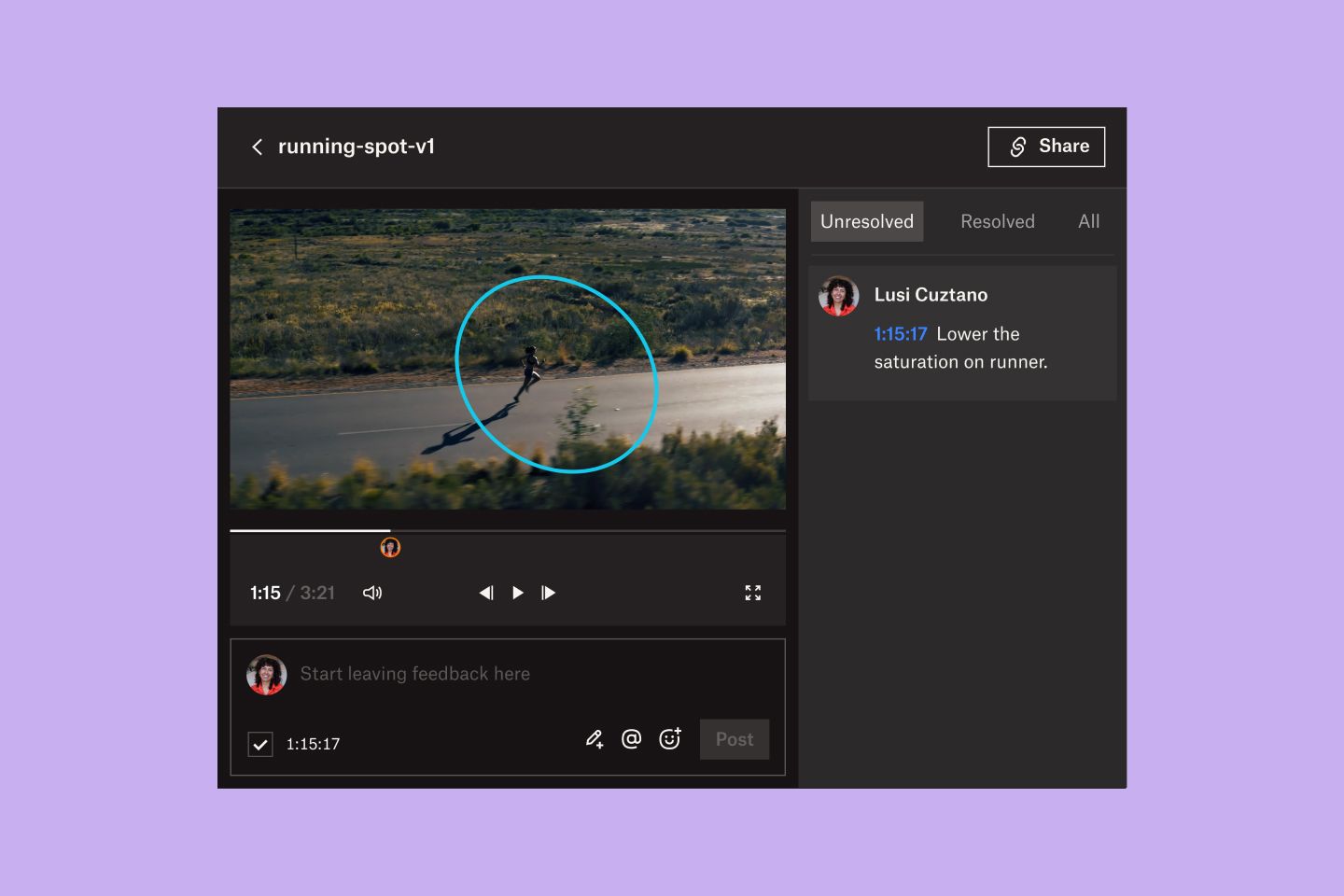 Dropbox Replay UI showing someone annotating a video by circling an area on it and adding a timestamped comment.
