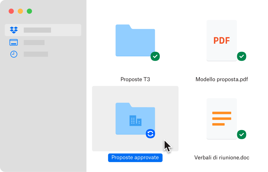 Cursore del mouse che passa sulla cartella selezionata con nome &quot;Proposte approvate&quot;.